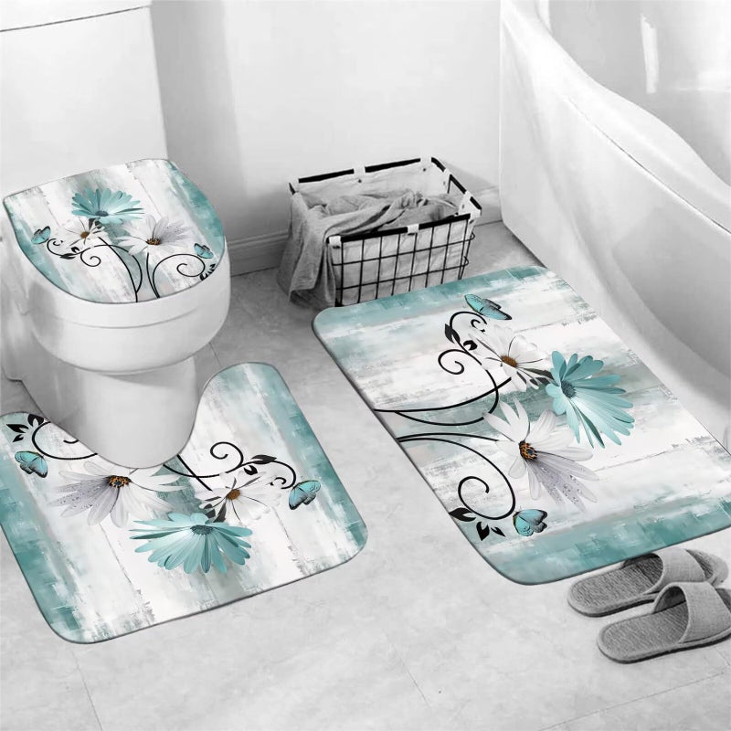 azhm ريفي مزرعة دش الستار مجموعة 4pcs مزرعة البط البري ديزي الزهور ديكور الحمام مجموعة مع ستارة دش والسجاد والاكسسوارات زهرة على البلد ستارة الحمام الخشبية مع 12 السنانير - Image 3